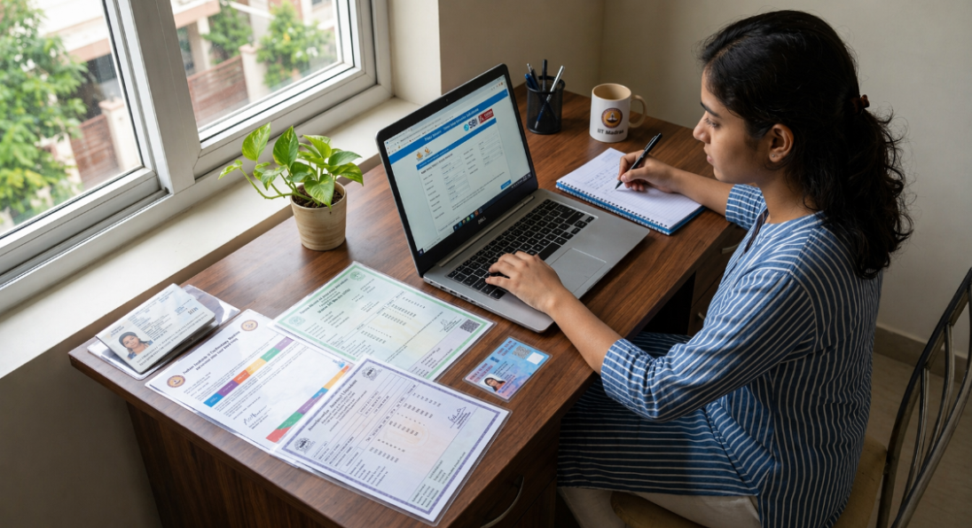 Indian student applying for education loan online with documents like admission letter and mark sheets.